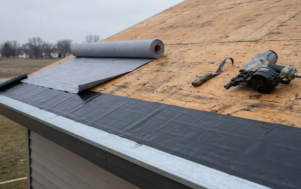 A roof stripped to bare decking with a self-adhering ice barrier membrane rolled along the eaves and underlayment going down above it