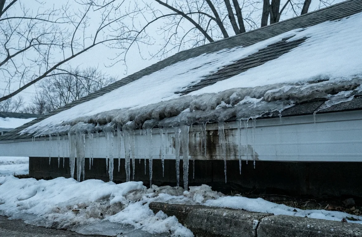A thick ridge of ice built up along the eaves and gutter of a house in winter, icicles hanging below it and snow still lying on the roof