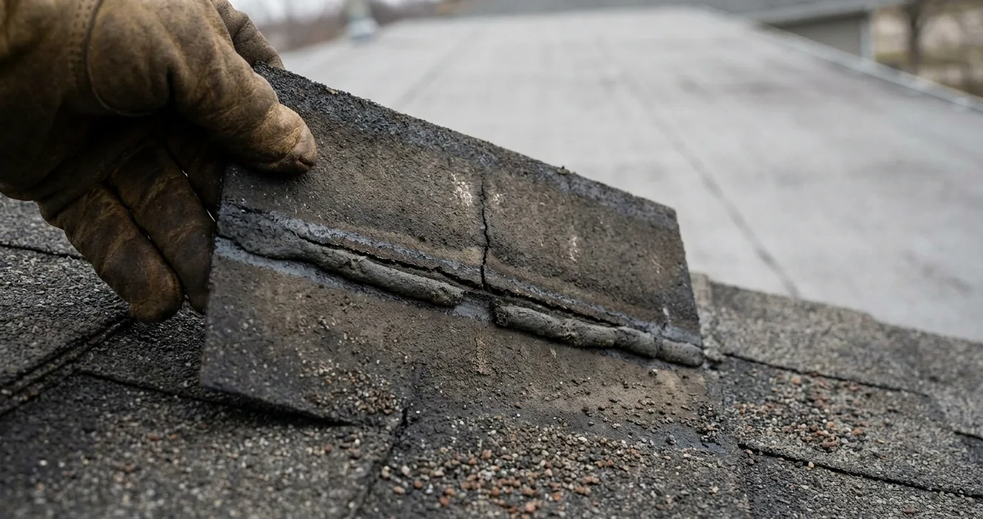 A close view of an asphalt shingle slope where a tab has been folded back by wind, showing a crease across the mat and the broken sealant line beneath it