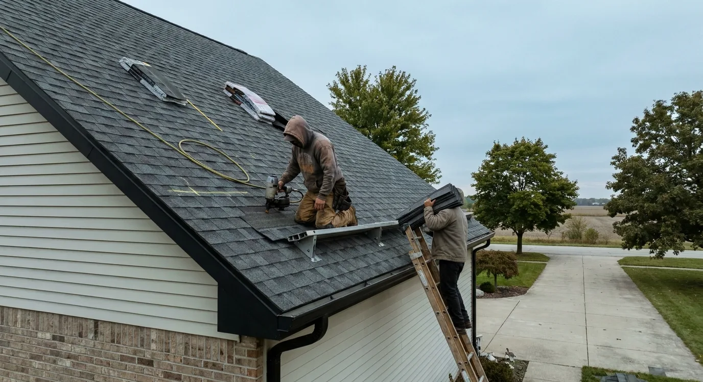 Two roofers on the asphalt-shingled slope of a two-storey Northwest Indiana house, one nailing off a course while the other feeds bundles up from a ladder